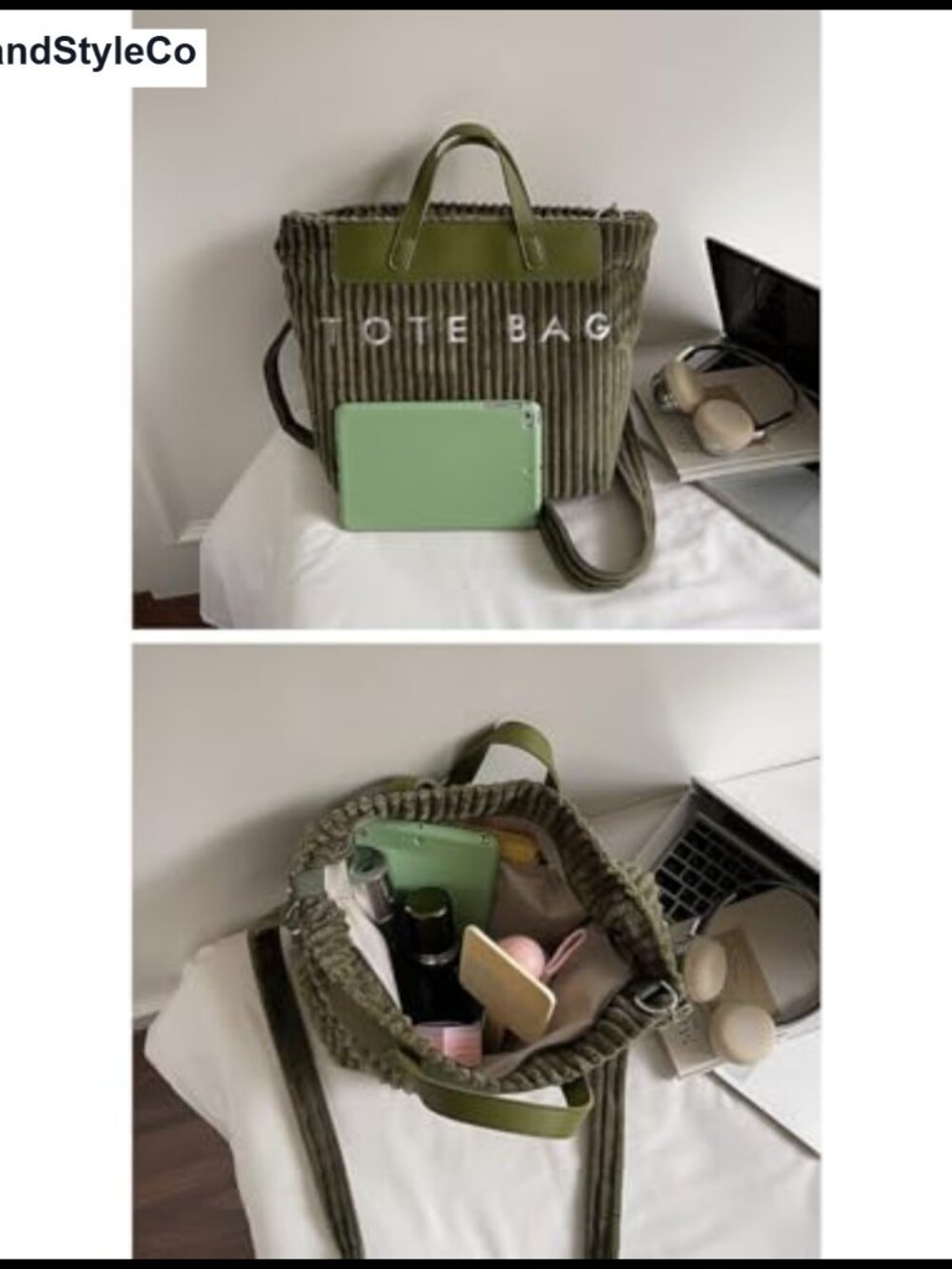 Women Corduroy Tote Bag Vegan Leather Top Handle Casual Shoulder Crossbody Purse - Picture 6 of 6